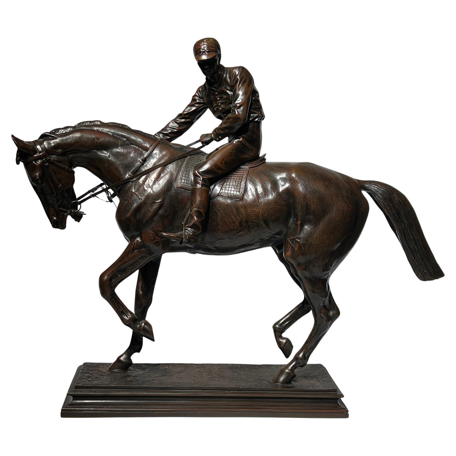 Bronze Jockey Riding Thoroughbred Sculpture Attributed to Isidore Jules Bonheur: Bronze Jockey Riding Thoroughbred Sculpture Attributed to Isidore Jules Bonheur This exceptional late 19th-century bronze sculpture, crafted by Isidore Jules Bonheur, depicts a jockey riding a thoroug