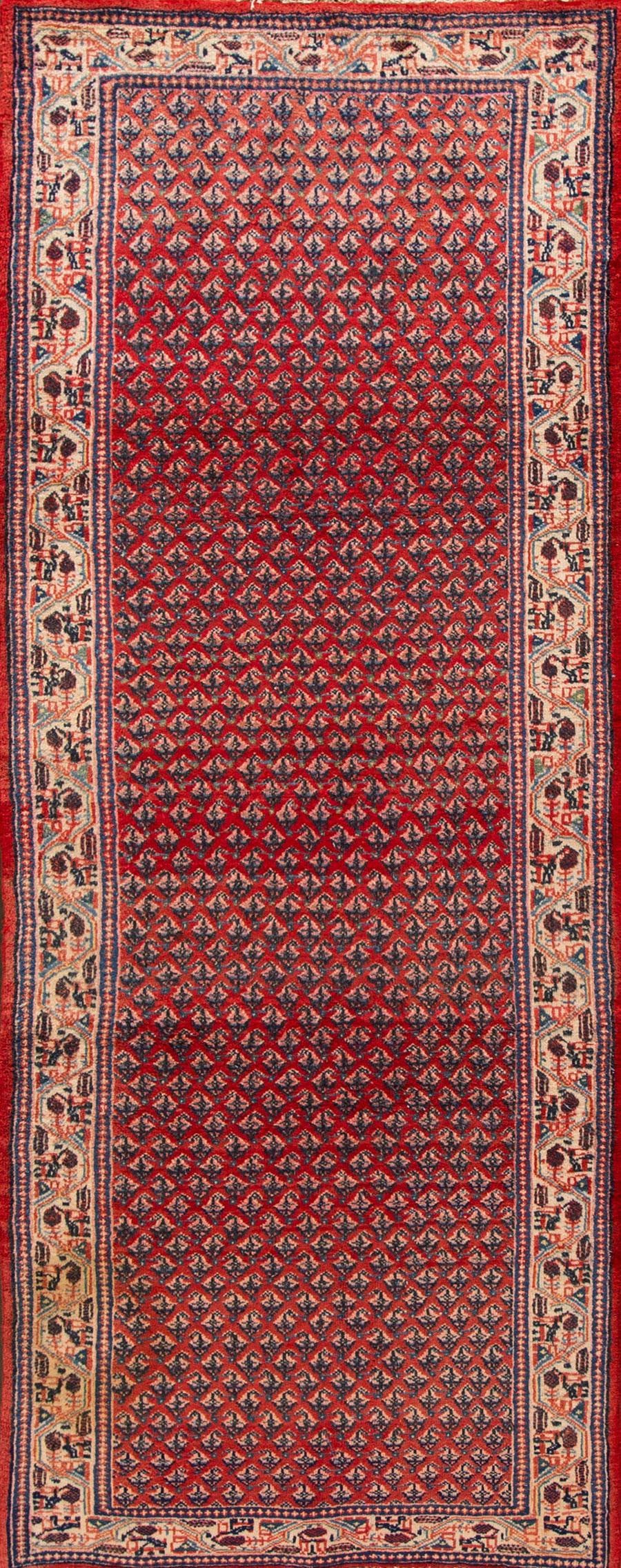 Vintage Hamadan Handmade Wool Rug Red Geometric Design 3'5 x 9'5: Vintage Hamadan Handmade Wool Rug Red Geometric Design 3'5 x 9'5 Enhance your space with this exquisite Vintage Hamadan Handmade Wool Rug, featuring a vibrant red field complemented by multi-color acc