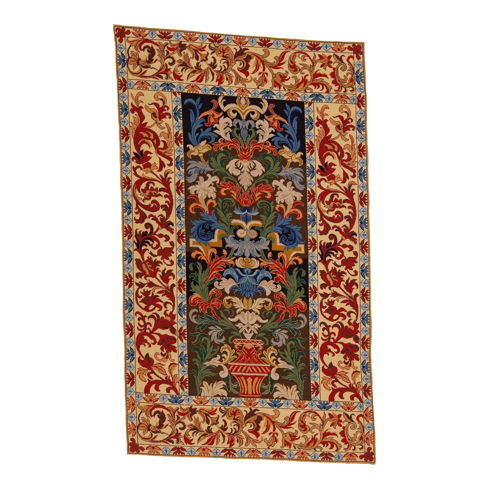 1960s Handmade Geometric Multicolor Wool Rug 4'1" x 7'1": 1960s Handmade Geometric Multicolor Wool Rug 4'1" x 7'1" This stunning vintage needlepoint wool rug features a vibrant array of multicolor accents set against an intricate all-over geometric floral de