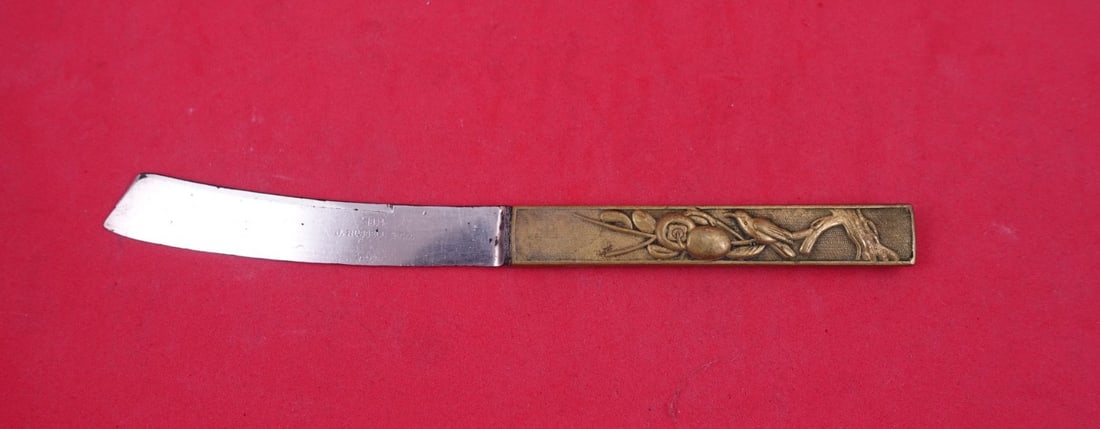 Japanese Kozuka Fish Knife Silver Mixed Metals Bird Branch 7: Japanese Kozuka Fish Knife Silver Mixed Metals Bird Branch 7 This Kozuka fish knife features a mixed metals design with a Japanese motif, including a bronze handle adorned with a bird and a branch wit