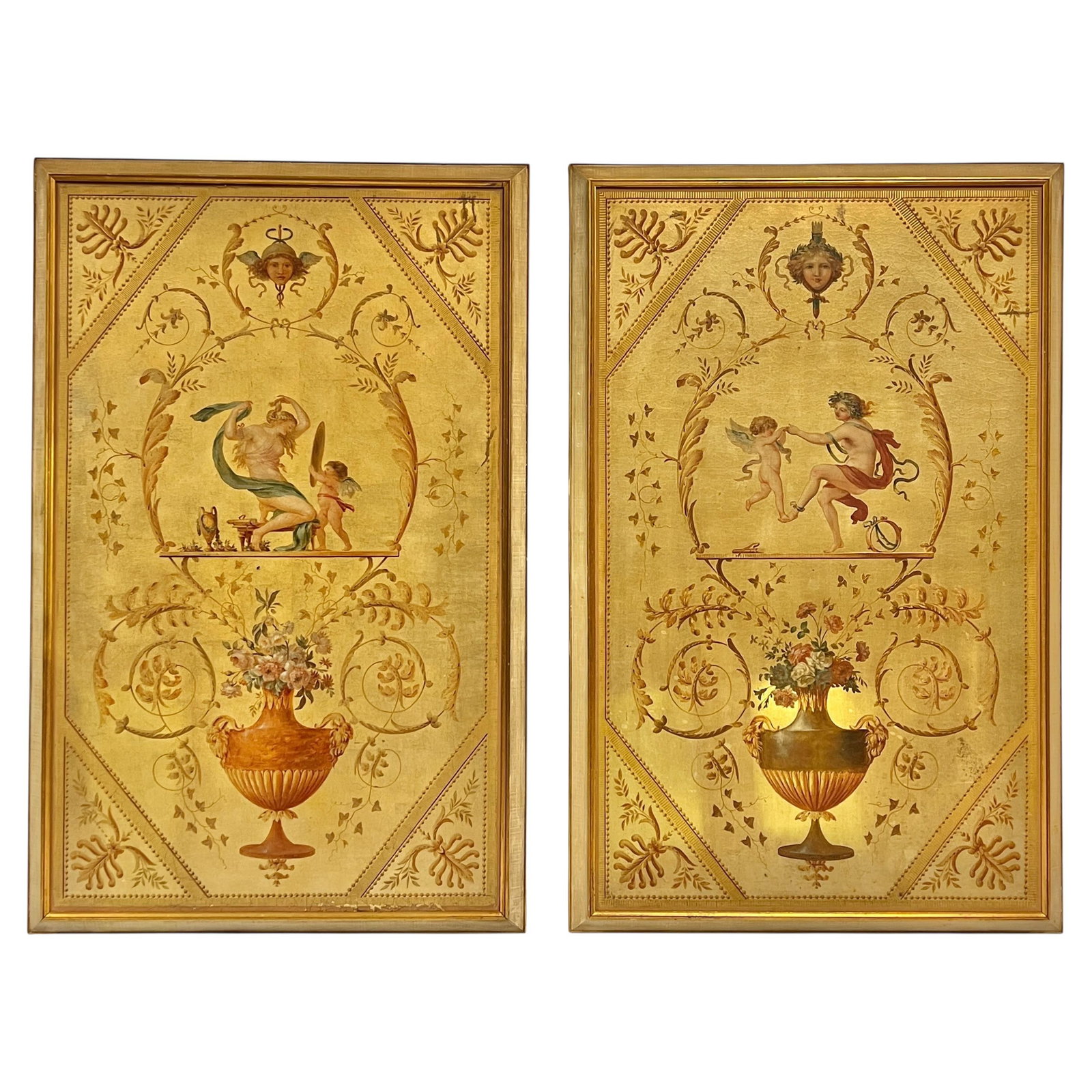 Set of 2 French Painted Panels After Louis XVI Marie Antoinette Boudoir: Set of 2 French Painted Panels After Louis XVI Marie Antoinette Boudoir This set of two antique hand-painted panels features paintings on canvas laid onto wood, inspired by the original door panels de