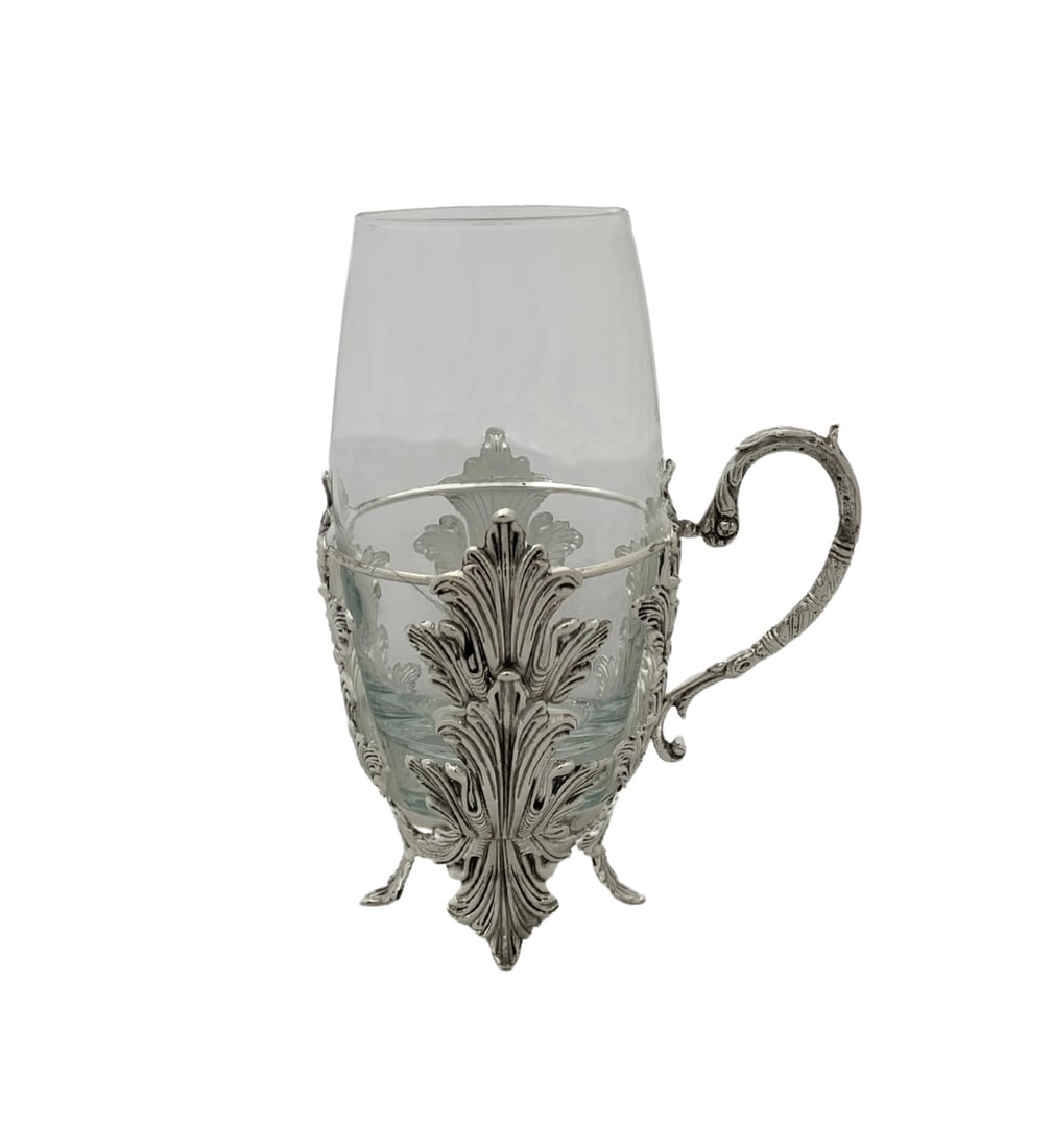 Handmade 925 Sterling Silver Tea Cup with Glass Insert and Leaf Applique (1 of 2)