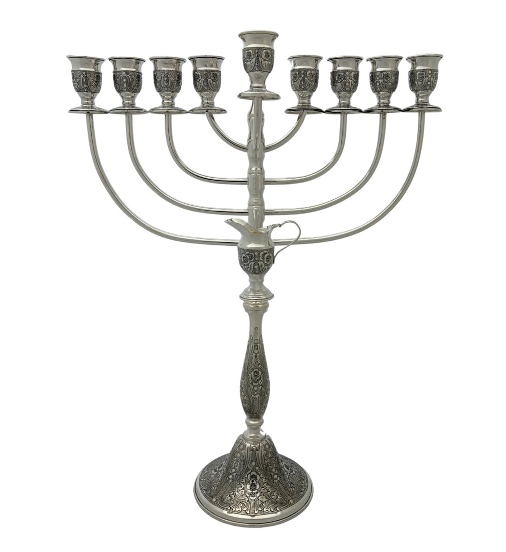 Italian 925 Sterling Silver Floral Swirl Chanukah Menorah: Italian 925 Sterling Silver Floral Swirl Chanukah Menorah This Italian Chanukah Menorah is crafted from 925 sterling silver and features handmade, elegant floral swirl and ornate designs. The piece co