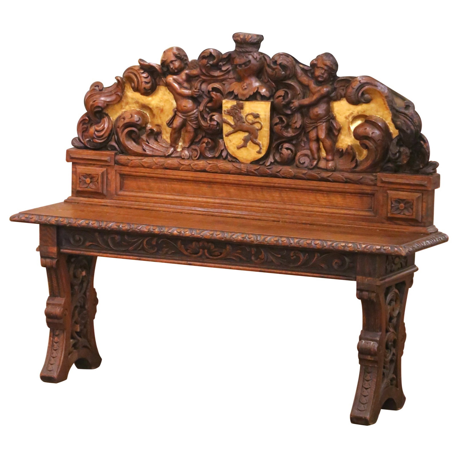 French Renaissance Revival Oak Hall Bench with Heraldic Crest (1 of 10)