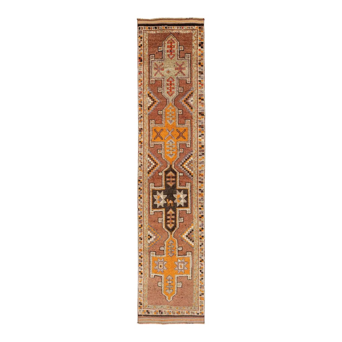 Brown Wool Anatolian Runner Rug with Geometric and Star Patterns 2'11" x 13'4": Brown Wool Anatolian Runner Rug with Geometric and Star Patterns 2'11" x 13'4" This vintage Turkish runner is handwoven from wool and showcases bold geometric patterns and stylized star motifs in shad