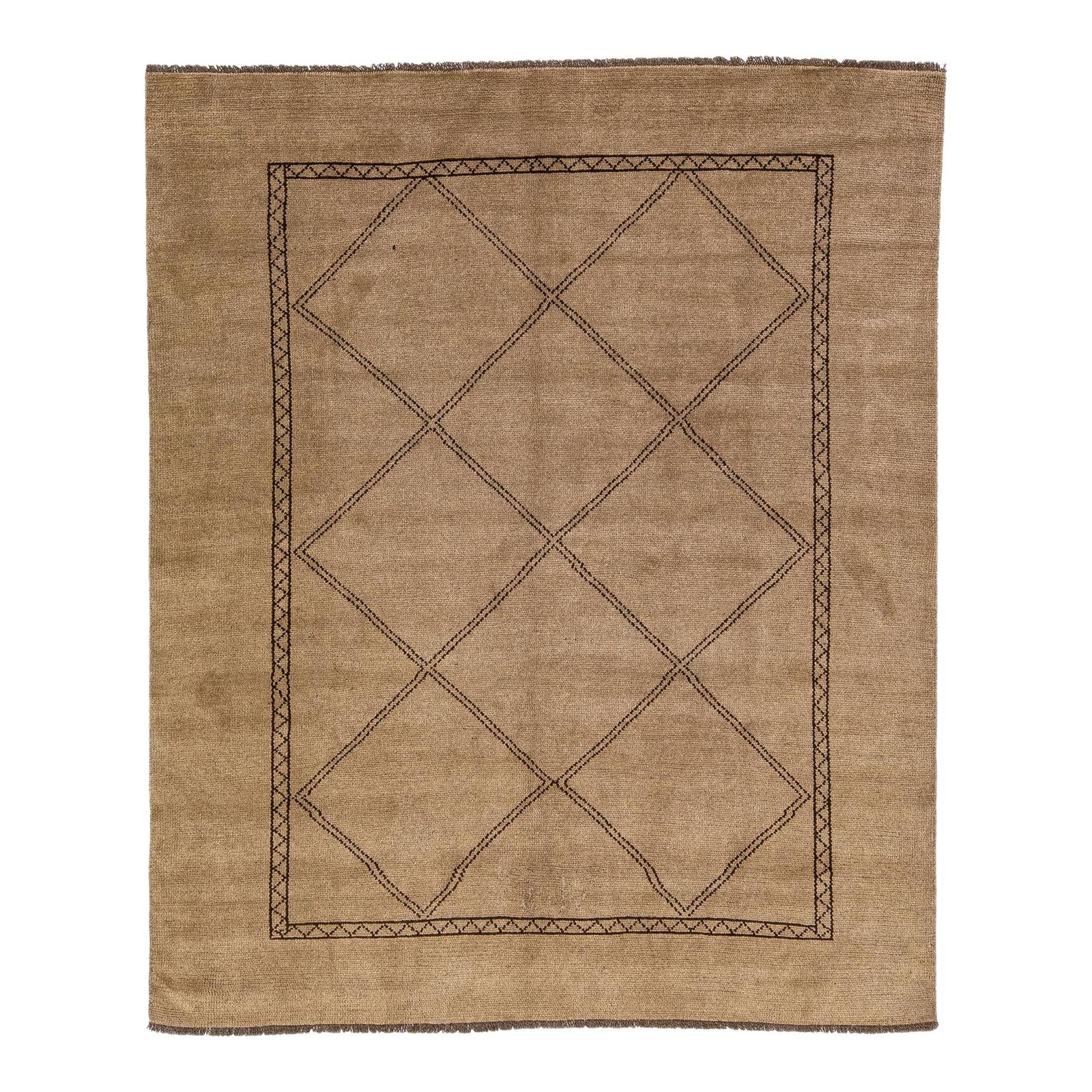 Moroccan Handmade Wool Rug 6'7 x 8 Tribal Design Brown: Moroccan Handmade Wool Rug 6'7 x 8 Tribal Design Brown This exquisite handmade wool rug embodies a modern Moroccan style, showcasing a warm brown color field complemented by dark brown accents in a st