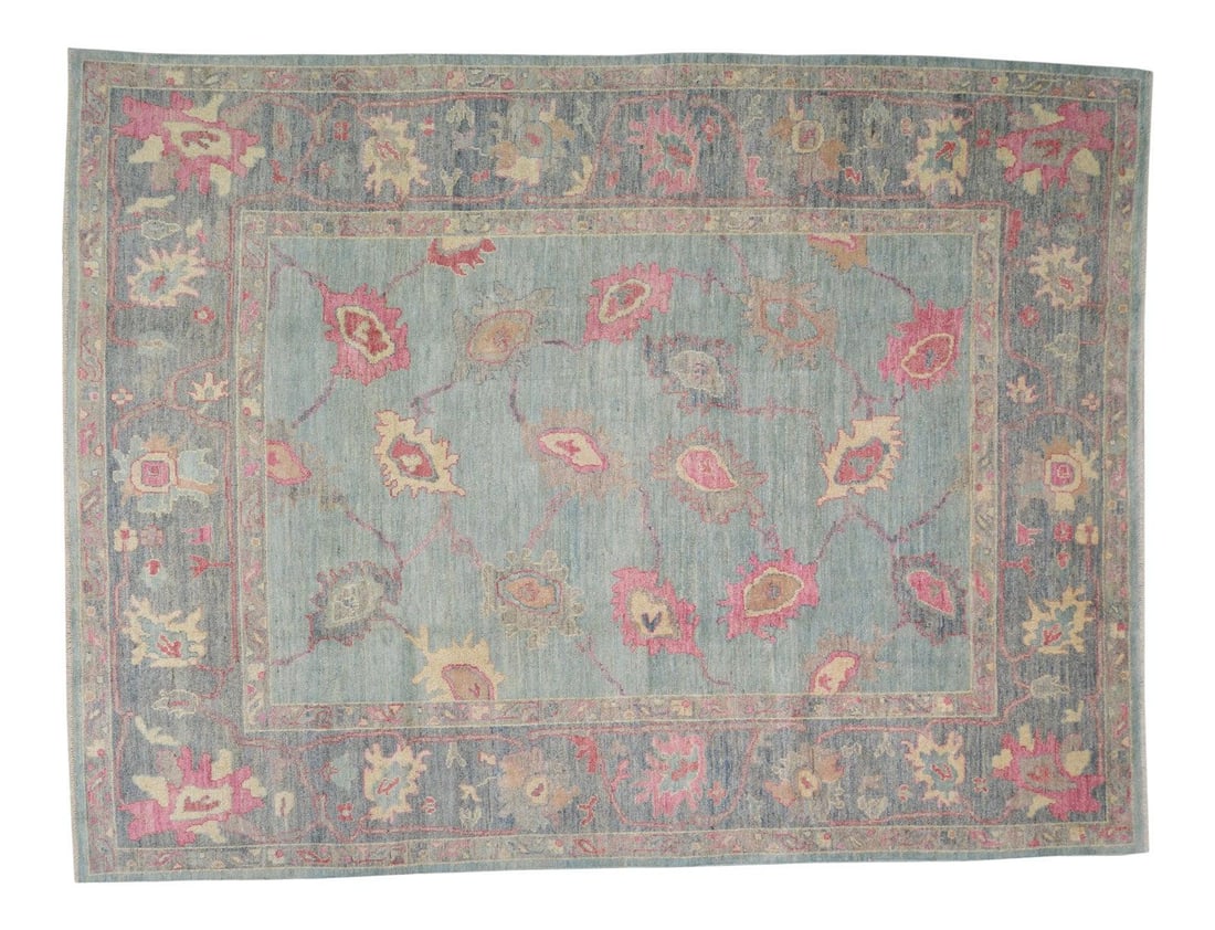 9'3" x 12'3" Anatolian Oushak Wool Rug in Turquoise: 9'3" x 12'3" Anatolian Oushak Wool Rug in Turquoise This Turkish Anatolian Oushak rug features a hand-knotted construction with natural colors, offering a soft texture and fine weave. Crafted from woo