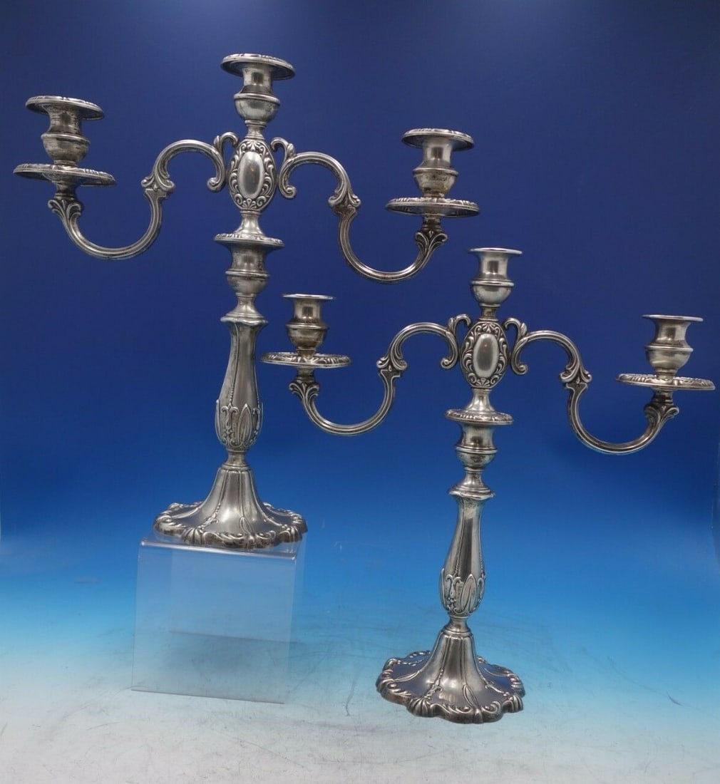 Rochambeau Mueck-Carey Sterling Silver Candelabra Pair 3-Light Monogrammed: Rochambeau Mueck-Carey Sterling Silver Candelabra Pair 3-Light Monogrammed This exquisite pair of Rochambeau candelabras by Mueck-Carey Co features a stunning three-light design crafted from sterling 