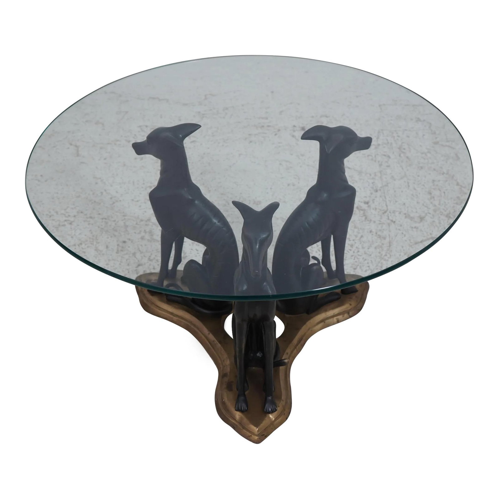 Maitland Smith Greyhound Coffee Table Brass Base Glass Top Hollywood Regency: Maitland Smith Greyhound Coffee Table Brass Base Glass Top Hollywood Regency This exquisite coffee table features a stunning solid brass base crafted in the form of a detailed greyhound, embodying the