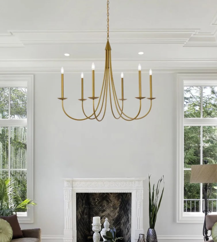 Farmhouse Style 6 Light Brass Finish Chandelier 42 Inch Adjustable Ceiling Fixture (1 of 7)