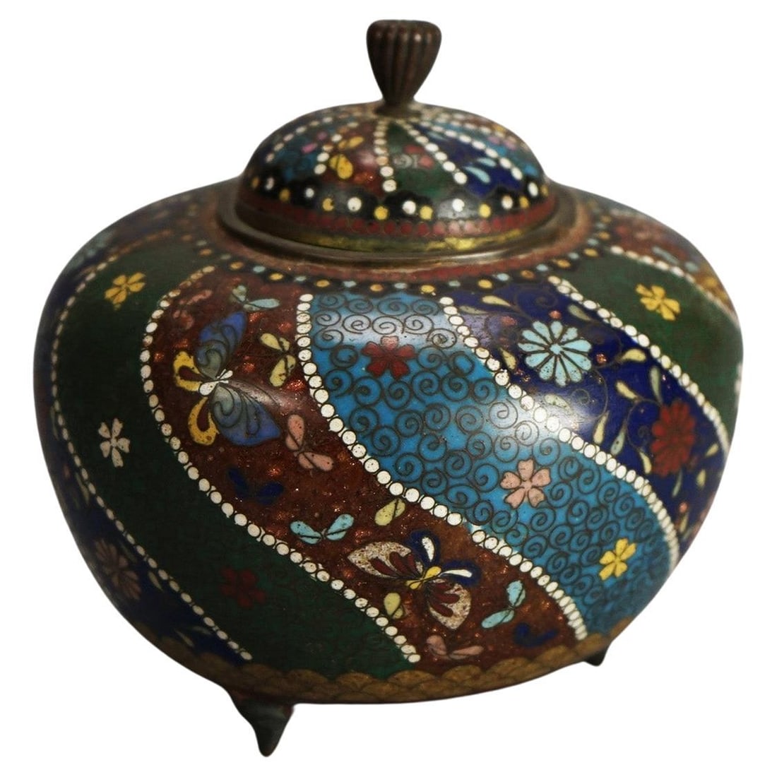 Early 20th Century Antique Japanese Cloisonne Floral Enameled Footed Sensor: Early 20th Century Antique Japanese Cloisonne Floral Enameled Footed Sensor This exquisite antique Japanese cloisonne censer, dating back to circa 1920, showcases intricate floral and geometric design