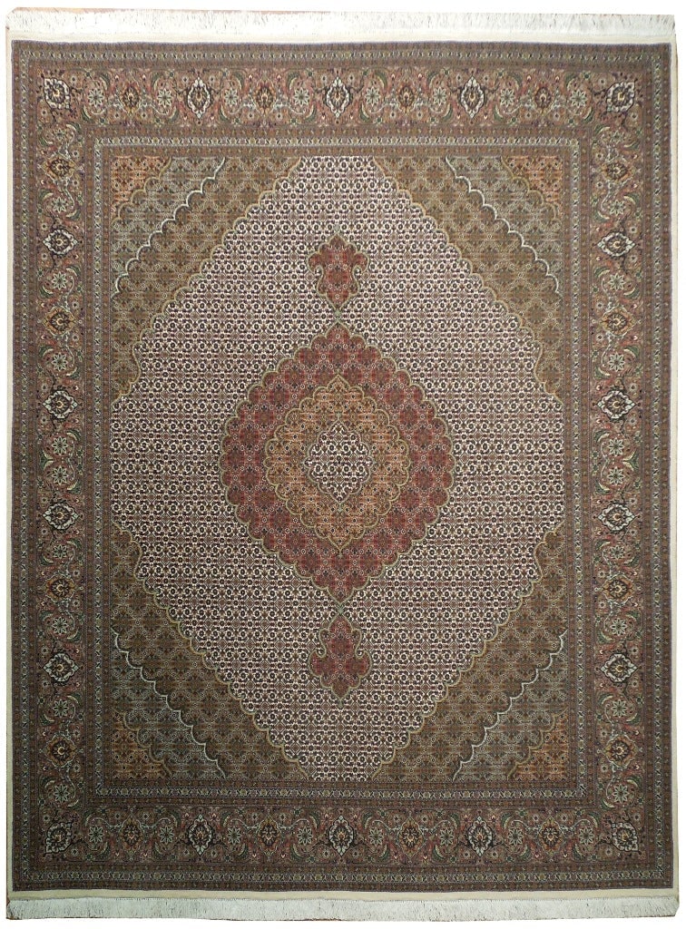 6.6 x 8.4 Authentic Persian Tabriz Mahi Rug Ivory Wool Silk: 6.6 x 8.4 Authentic Persian Tabriz Mahi Rug Ivory Wool Silk Free continental US Shipping This 6.6 x 8.4 Persian Tabriz Mahi rug in ivory showcases the classic Mahi (Herati) design, featuring a central