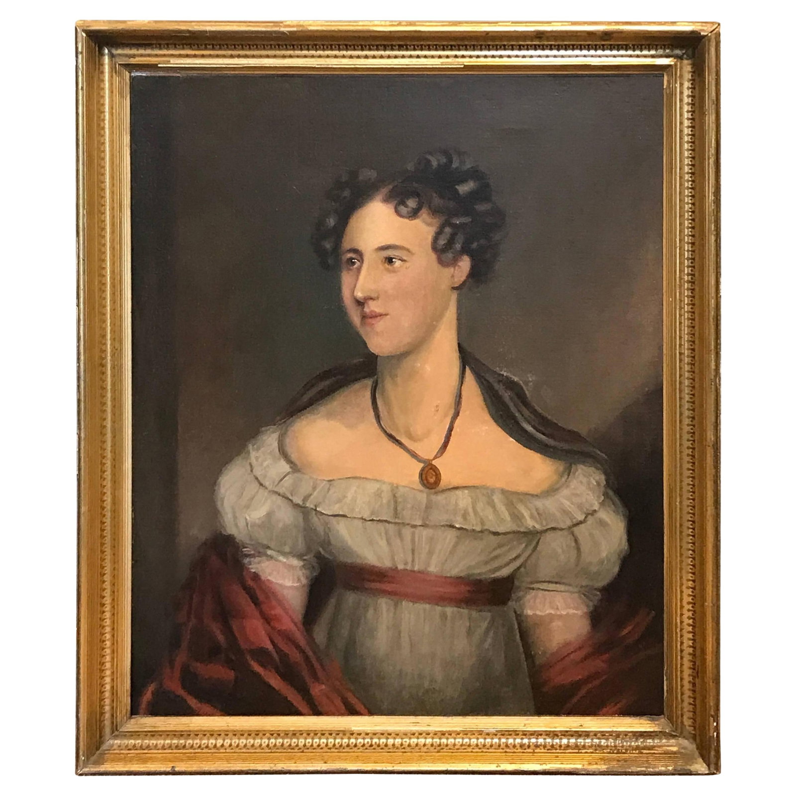 1820s American Classical Portrait of a Lady Oil on Canvas: 1820s American Classical Portrait of a Lady Oil on Canvas This exquisite American Classical portrait of a lady captures the elegance of the early 19th century. Created in the 1820s, this oil on canvas
