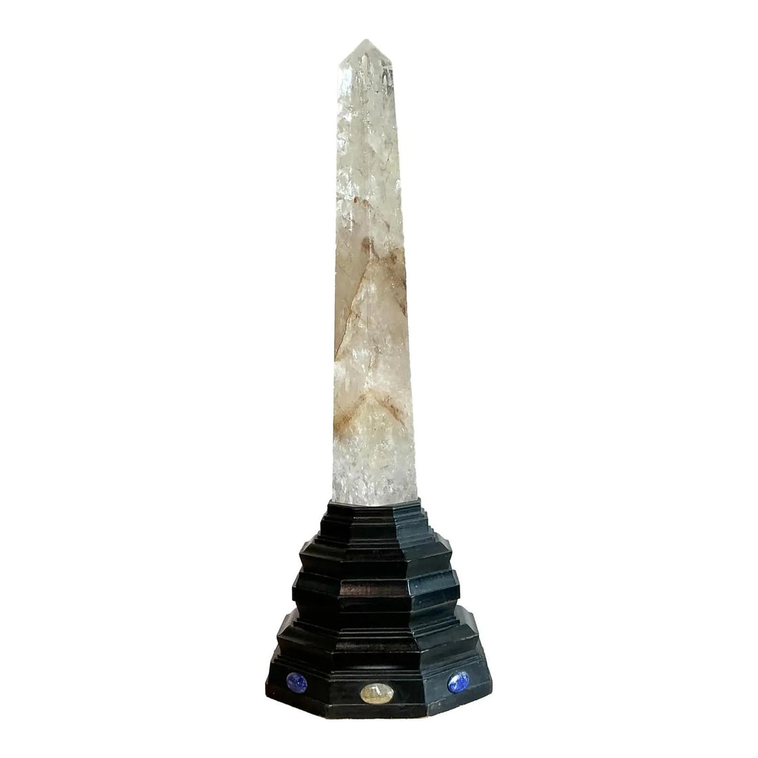 Vintage Rock Crystal Obelisk on Jeweled Ebonized Pedestal 43 Inches: Vintage Rock Crystal Obelisk on Jeweled Ebonized Pedestal 43 Inches This vintage Boho rock crystal obelisk is a monumental statement piece that showcases natural beauty and sophisticated design. Hand-