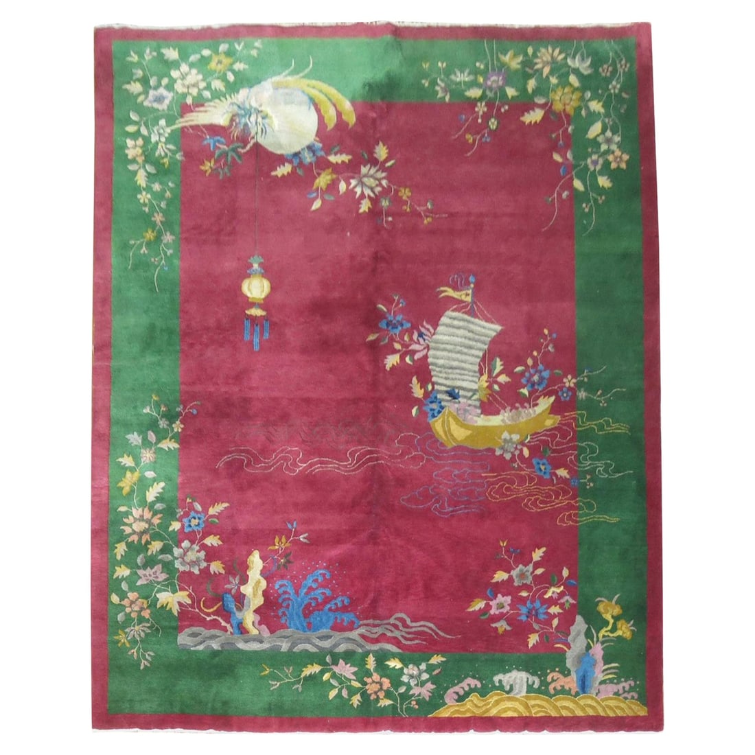 Zabihi Collection 9' x 11'7" Antique Chinese Art Deco Wool Rug: Zabihi Collection 9' x 11'7" Antique Chinese Art Deco Wool Rug This exquisite Chinese Art Deco rug showcases a stunning raspberry ground adorned with jewel tone colors, offering a perfect blend of ele