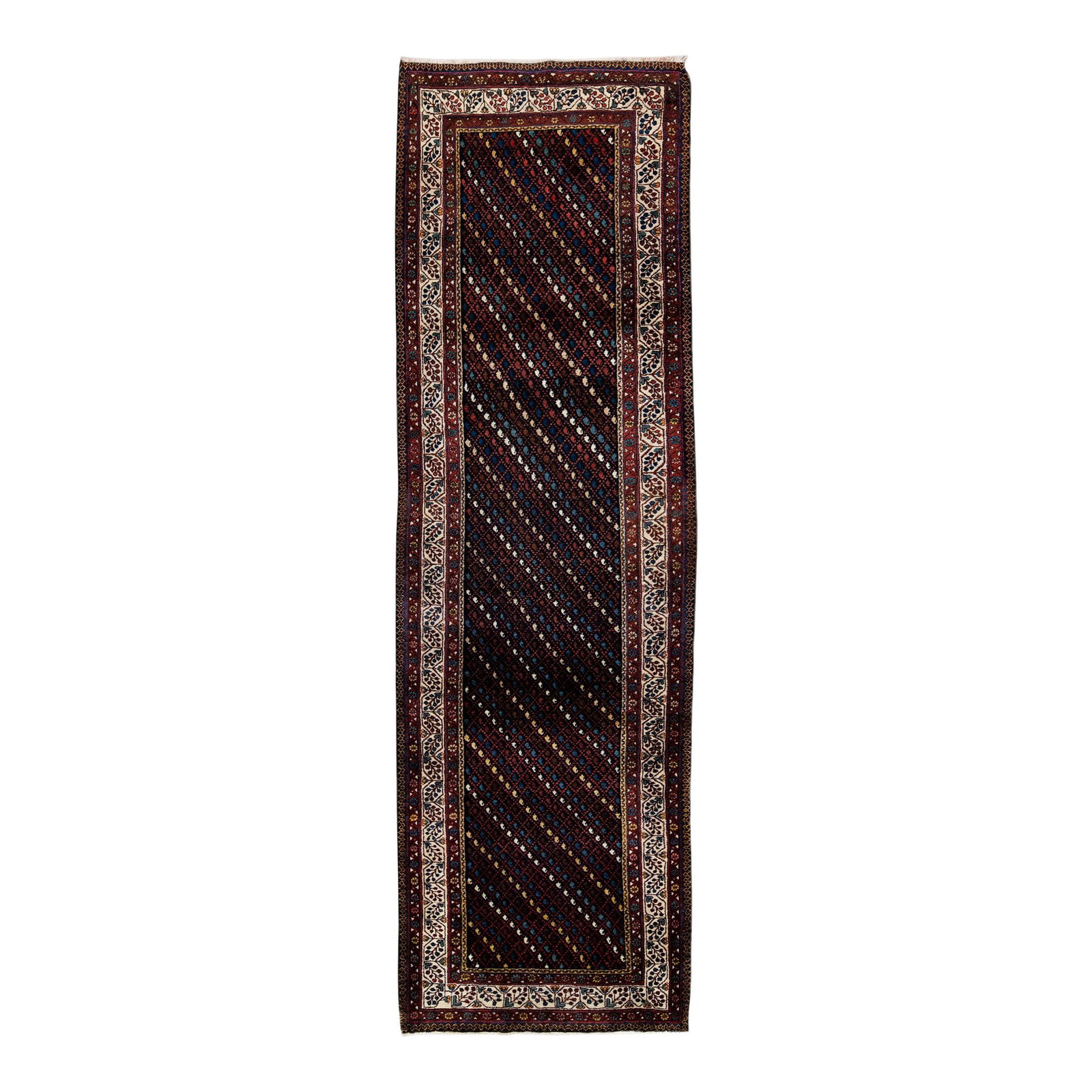 Vintage Handmade Kurd Wool Runner with Geometric Design 3'8" x 11': Vintage Handmade Kurd Wool Runner with Geometric Design 3'8" x 11' This exquisite multicolor vintage Kurd handmade wool runner features a stunning dark blue field adorned with vibrant geometric design