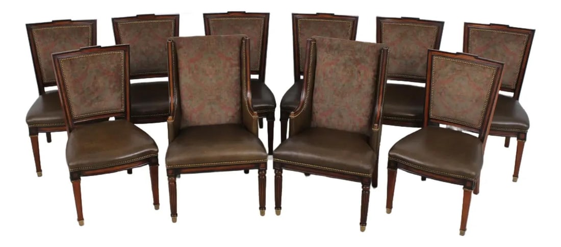 Hickory White Louis XVI dining chairs set of 10 leather: Hickory White Louis XVI dining chairs set of 10 leather This set of 10 Hickory White dining chairs features a classic French Louis XVI style with factory-distressed detailing. Each chair is crafted wi
