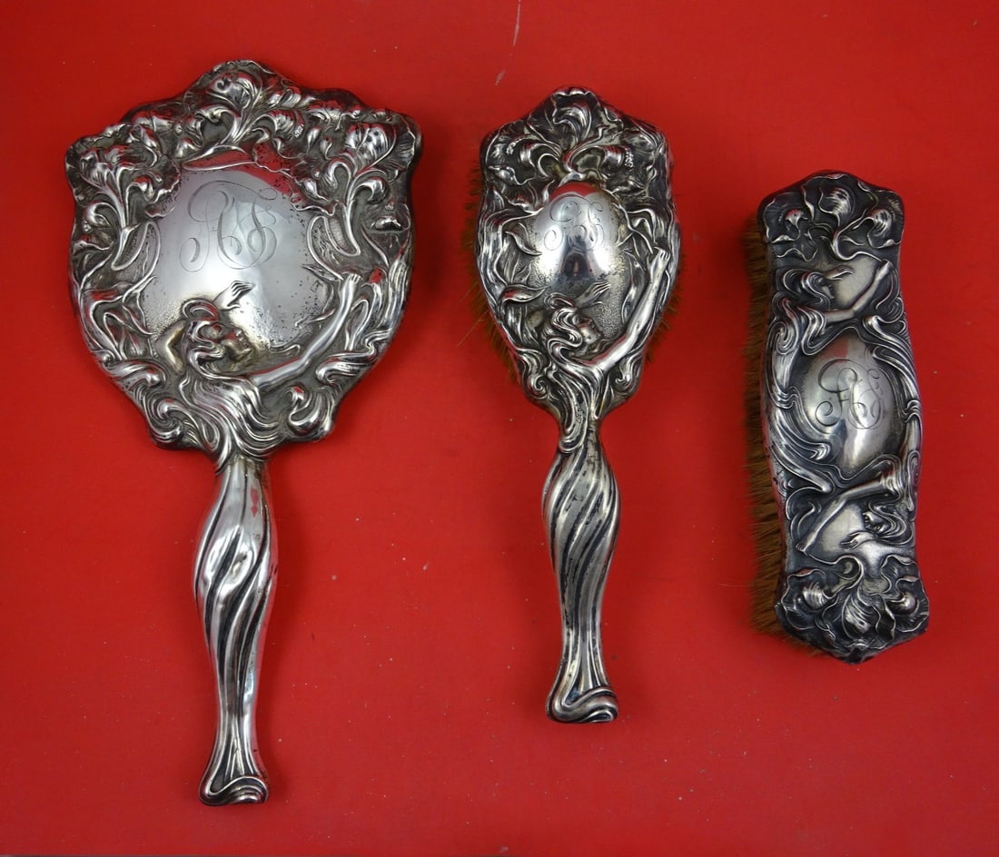 Art Nouveau Unger Secret of the Flowers Sterling Silver 3-Piece Dresser Set (1 of 4)