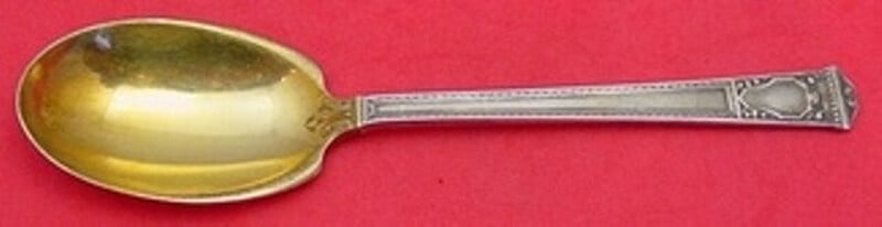 Tiffany & Co San Lorenzo sterling preserve spoon gold washed 7 1/8: Tiffany & Co San Lorenzo sterling preserve spoon gold washed 7 1/8 Tiffany & Co. San Lorenzo preserve spoon in sterling silver with a gold washed finish. The spoon measures 7 1/8 inches and is not mon
