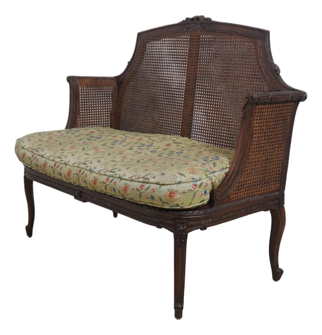 Elegant French Louis XV Cane Settee with Silk Blend Cushion: Elegant French Louis XV Cane Settee with Silk Blend Cushion This exquisite French Louis XV Cane Settee features a beautifully stitched loose cushion made from a quality silk blend. Crafted with fine c