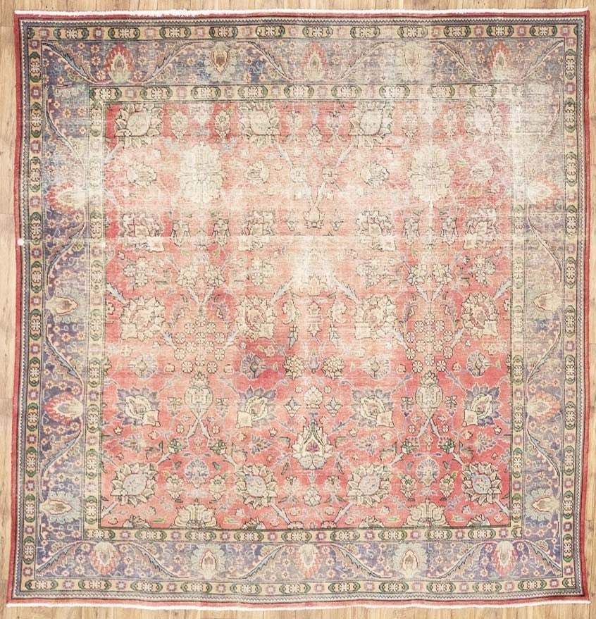Hand Knotted Wool Floral Square Area Rug 9'5 x 9'8: Hand Knotted Wool Floral Square Area Rug 9'5 x 9'8 This semi-antique hand-knotted square Oriental rug features a distressed floral pattern in muted tones such as red, plum, light green, light blue, an