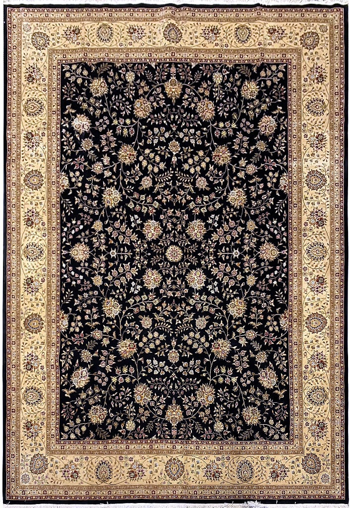 8.6 x 11.6 Handmade Black Wool and Silk Area Rug Tabriz Design: 8.6 x 11.6 Handmade Black Wool and Silk Area Rug Tabriz Design Free continental US Shipping Enhance your living space with this stunning 8' x 11' Handmade Rug, crafted from a luxurious blend of wool a