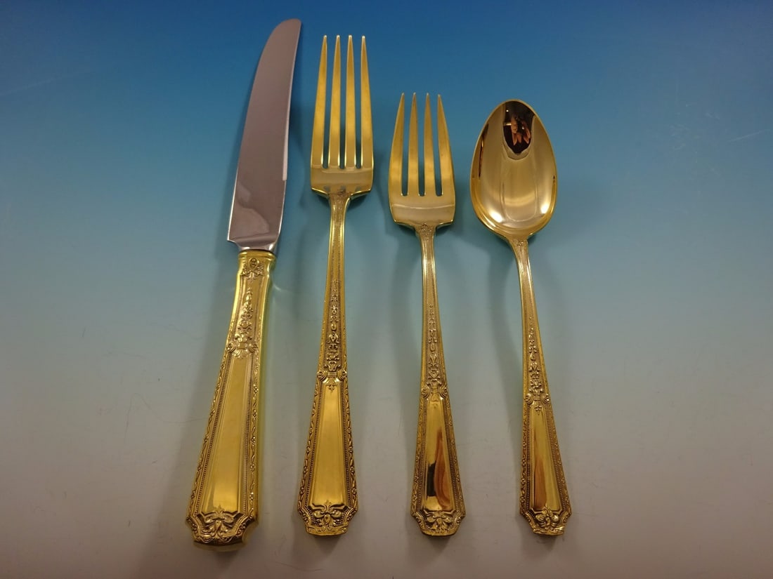 Towle Louis XIV Gold Vermeil Sterling Silver Flatware Set 24 Pieces for 6: Towle Louis XIV Gold Vermeil Sterling Silver Flatware Set 24 Pieces for 6 Elevate your dining experience with the stunning Louis XIV Gold by Towle Sterling Silver Flatware Set. This exquisite set feat