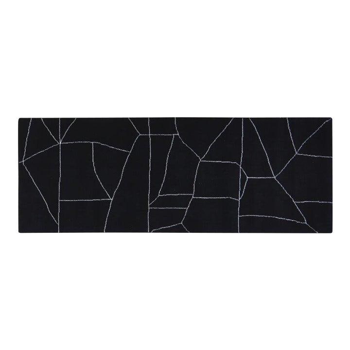 Black Abstract Moroccan Wool Runner 2'7 X 7': Black Abstract Moroccan Wool Runner 2'7 X 7' This Moroccan hand-knotted wool rug features an abstract design in black. Crafted from high-quality wool, it offers both durability and a unique artistic t