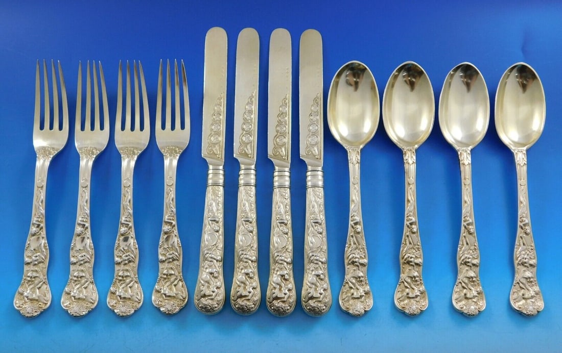 Bacchanalian English Sterling Silver 12 Piece Dessert Flatware Set Vermeil: Bacchanalian English Sterling Silver 12 Piece Dessert Flatware Set Vermeil Discover the exquisite Bacchanalian English Sterling Silver Flatware Dessert Set, featuring 12 elegantly crafted pieces. This