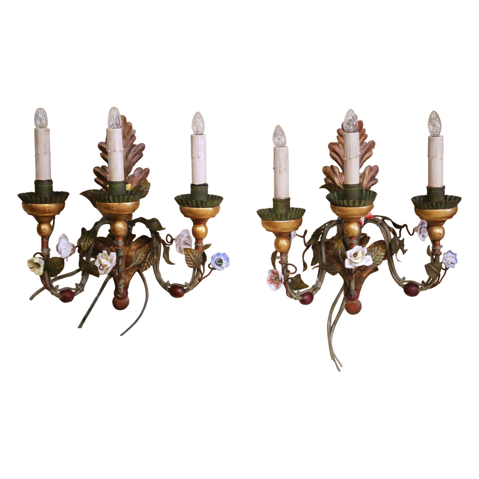 Set of 2 Italian Floral Three-Light Wall Sconces (1 of 10)