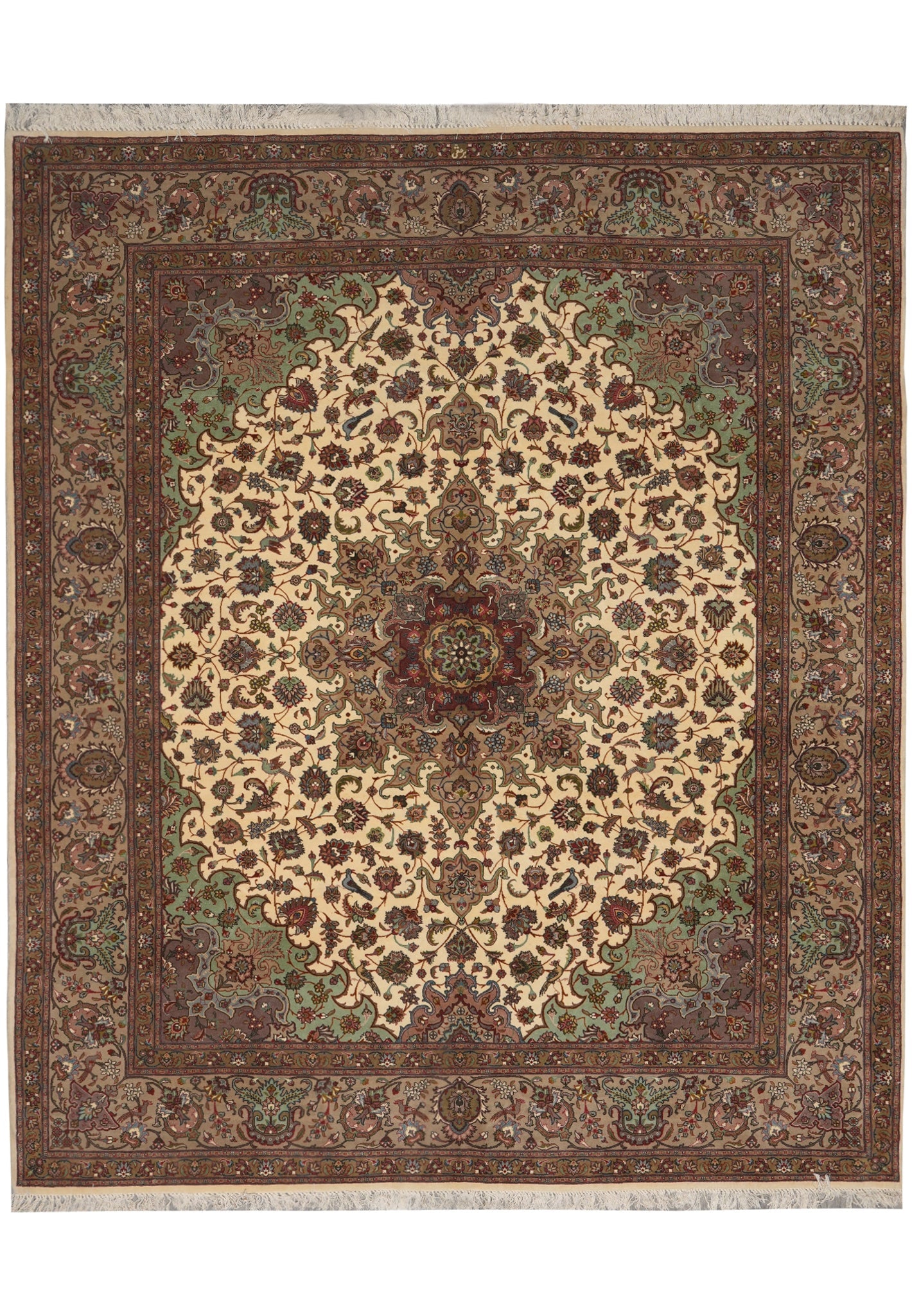 8 x 9.7 Persian Tabriz Rug Hand Knotted Wool Silk 400 KPSI: 8 x 9.7 Persian Tabriz Rug Hand Knotted Wool Silk 400 KPSI Free continental US Shipping This genuine Persian Tabriz rug is hand-knotted by skilled artisans, showcasing a fine 400 KPSI (knots per squar