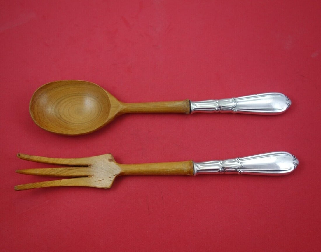 Frank M. Whiting Troubadour Sterling Silver Salad Serving Set 2pc with Wood 10.5in: Frank M. Whiting Troubadour Sterling Silver Salad Serving Set 2pc with Wood 10.5in Elevate your dining experience with this exquisite 2-piece Salad Serving Set from the Troubadour pattern by Frank M. 