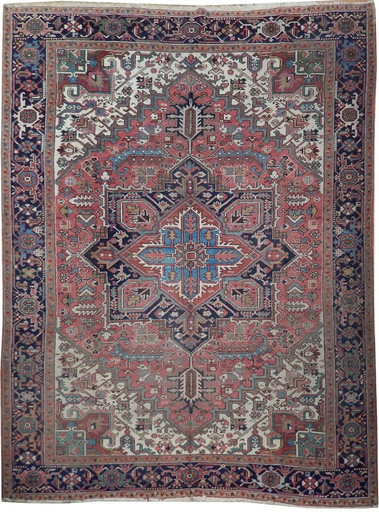9x12 Antique Handmade Persian Heriz Rug in Burgundy and Navy: 9x12 Antique Handmade Persian Heriz Rug in Burgundy and Navy Free continental US Shipping Transform your living space with this stunning 9 x 12 Antique Handmade Persian Heriz Rug, expertly crafted by 