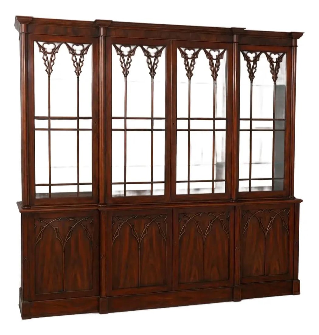 Large Walnut Regency Style Breakfront Bookcase with Glass Doors and Drawers (1 of 10)