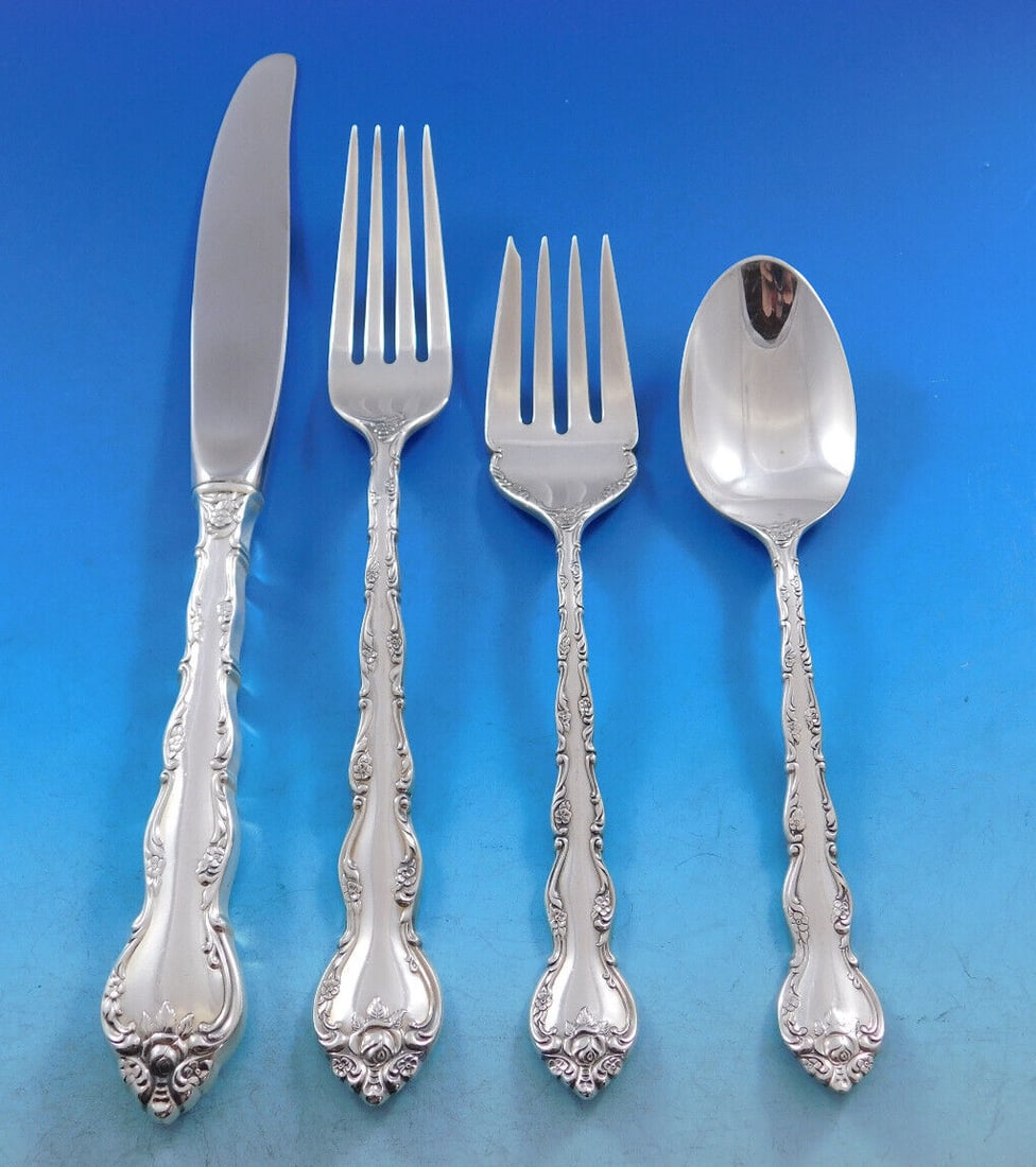 37 Piece Sterling Flatware Service for 8 Wallace Feliciana: 37 Piece Sterling Flatware Service for 8 Wallace Feliciana Feliciana by Wallace is a 37-piece sterling silver flatware set for 8, made in the United States and dated post-1940. The set is in excellent