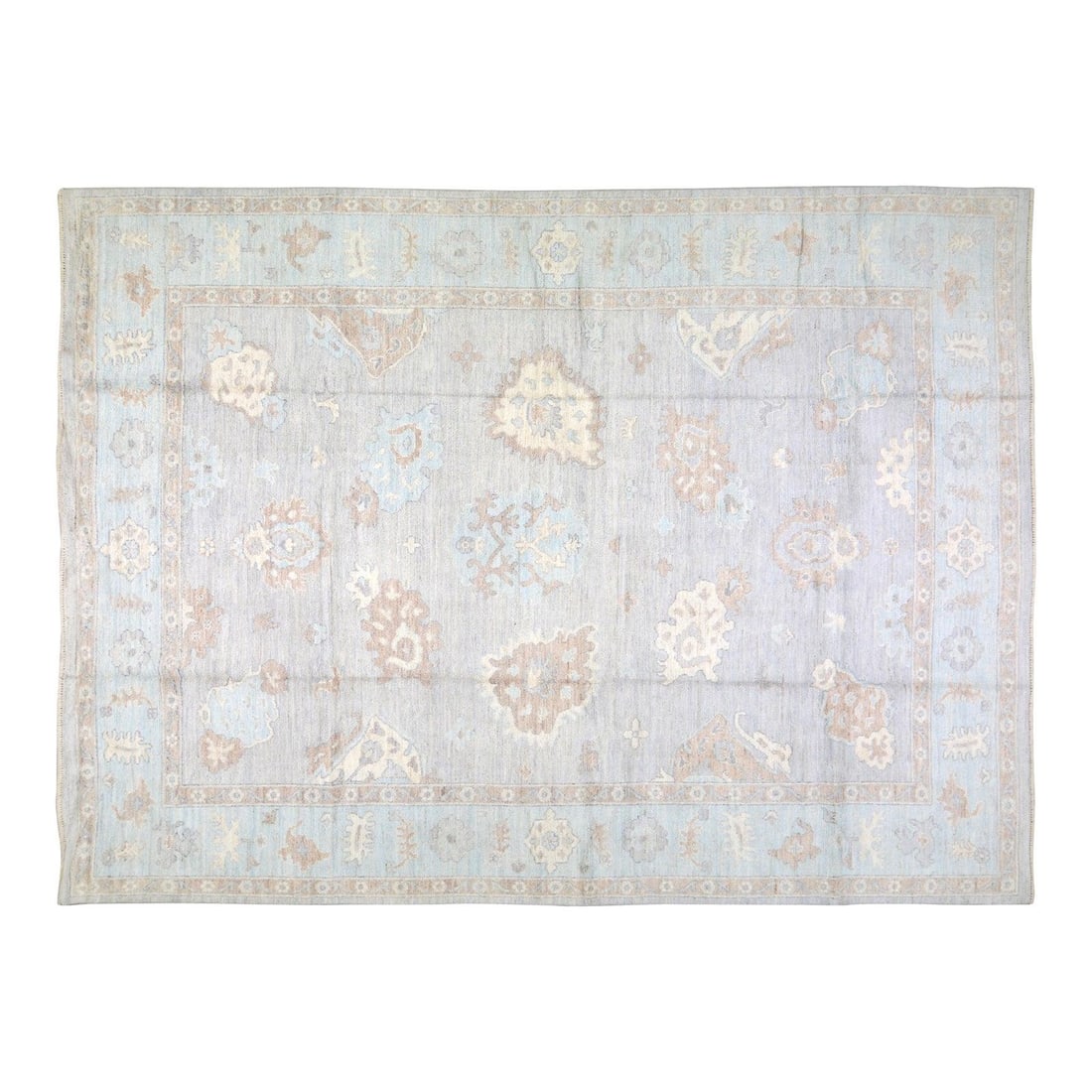 10' x 14' Floral Wool Oushak Rug in Light Gray Hand Knotted: 10' x 14' Floral Wool Oushak Rug in Light Gray Hand Knotted This contemporary Oushak rug is hand knotted from wool, featuring natural colors and a floral pattern with a fine weave. The rug presents a 