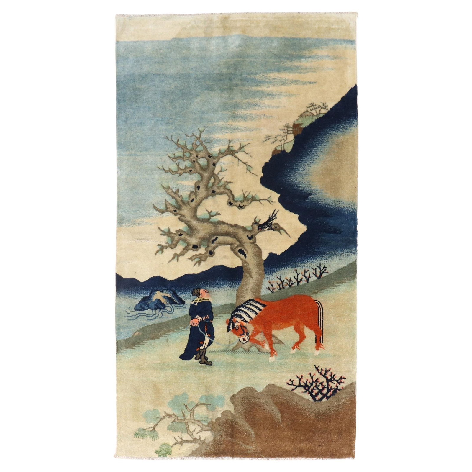 Early 20th Century Tibetan Handwoven Wool Pictorial Rug 29 x 60 Inch: Early 20th Century Tibetan Handwoven Wool Pictorial Rug 29 x 60 Inch This exquisite Tibetan pictorial throw rug is a remarkable piece that showcases the rich craftsmanship of the early 20th century. H