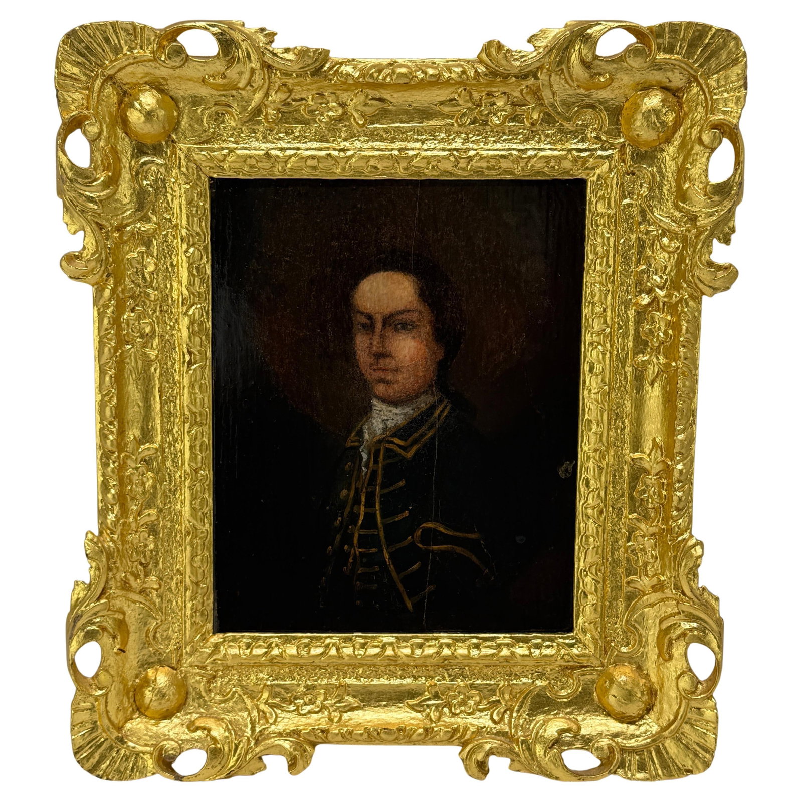 Mid-18th Century British Officer Portrait in Baroque Frame: Mid-18th Century British Officer Portrait in Baroque Frame This exquisite bust-length oil portrait, dating from the mid-18th century (circa 1750-1780), presents a young officer dressed in a dark, rich