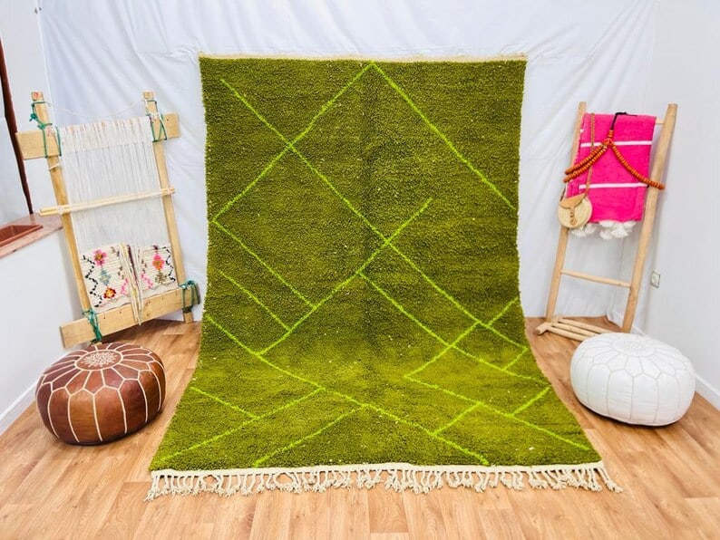 Authentic Handmade Green Wool Rug 9 x 5 Feet Morocco: Authentic Handmade Green Wool Rug 9 x 5 Feet Morocco Discover the charm of this Fabulous Soft Handmade Green Wool Rug, meticulously handwoven in the Atlas Mountains by skilled local Berber women weave
