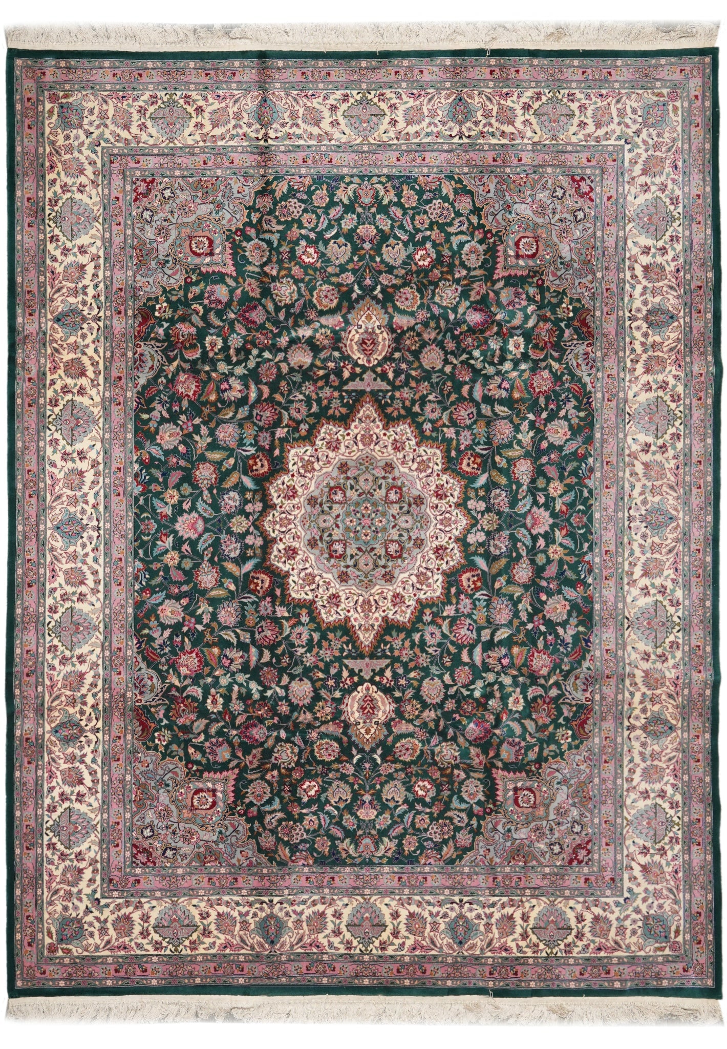9.3 x 12 Emerald Green Fine Handmade Wool Pakistan Rug: 9.3 x 12 Emerald Green Fine Handmade Wool Pakistan Rug Free continental US Shipping This fine handmade Pakistani carpet features a deep emerald green field with intricate traditional patterns, expertl