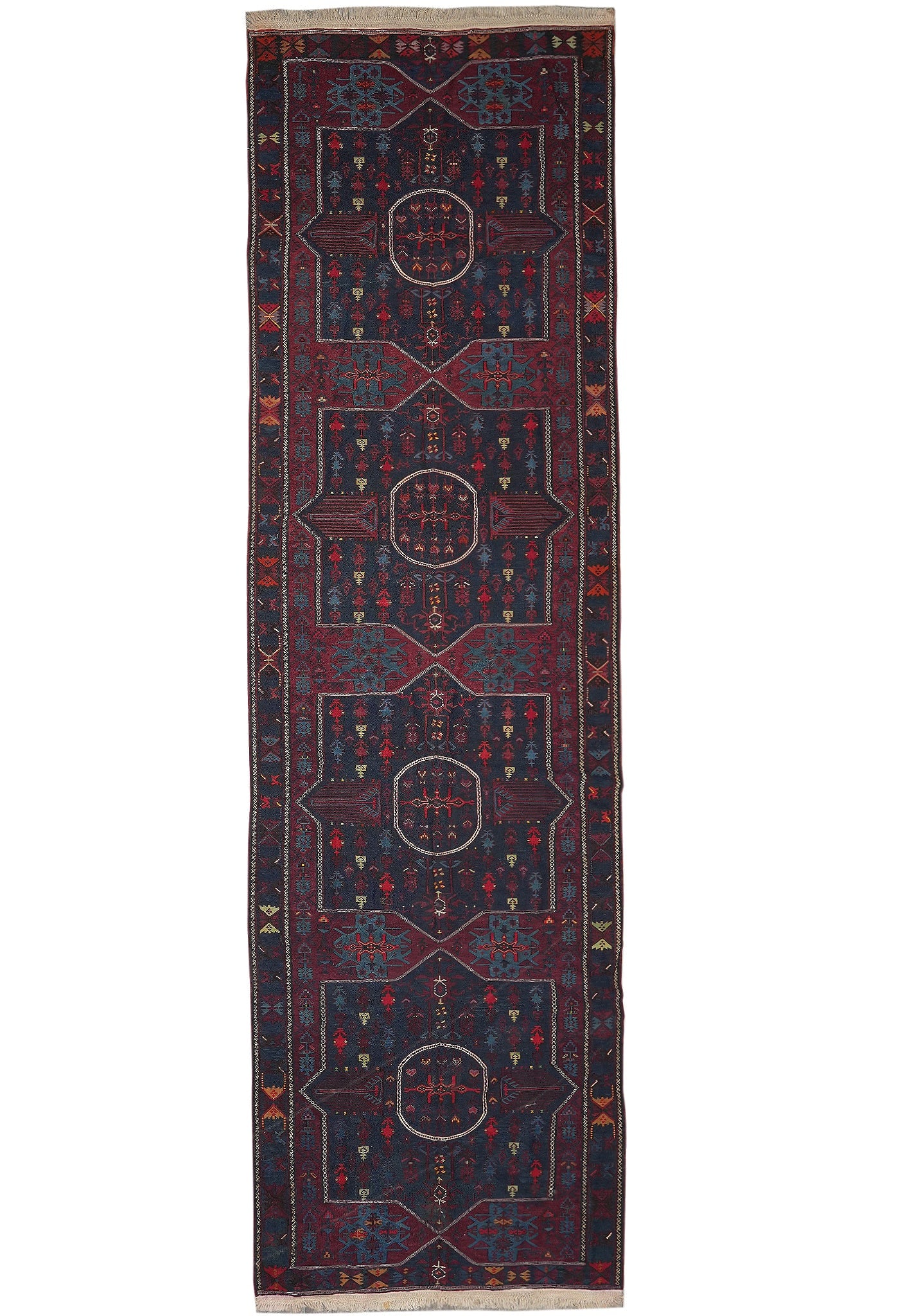 5 x 16 Antique Russia Sumak Flat Weave Wide Runner Rug: 5 x 16 Antique Russia Sumak Flat Weave Wide Runner Rug Free continental US Shipping Handmade wide runner gallery size rug with a traditional Persian Gabbeh design and Shiraz tribal motifs. It is hand-