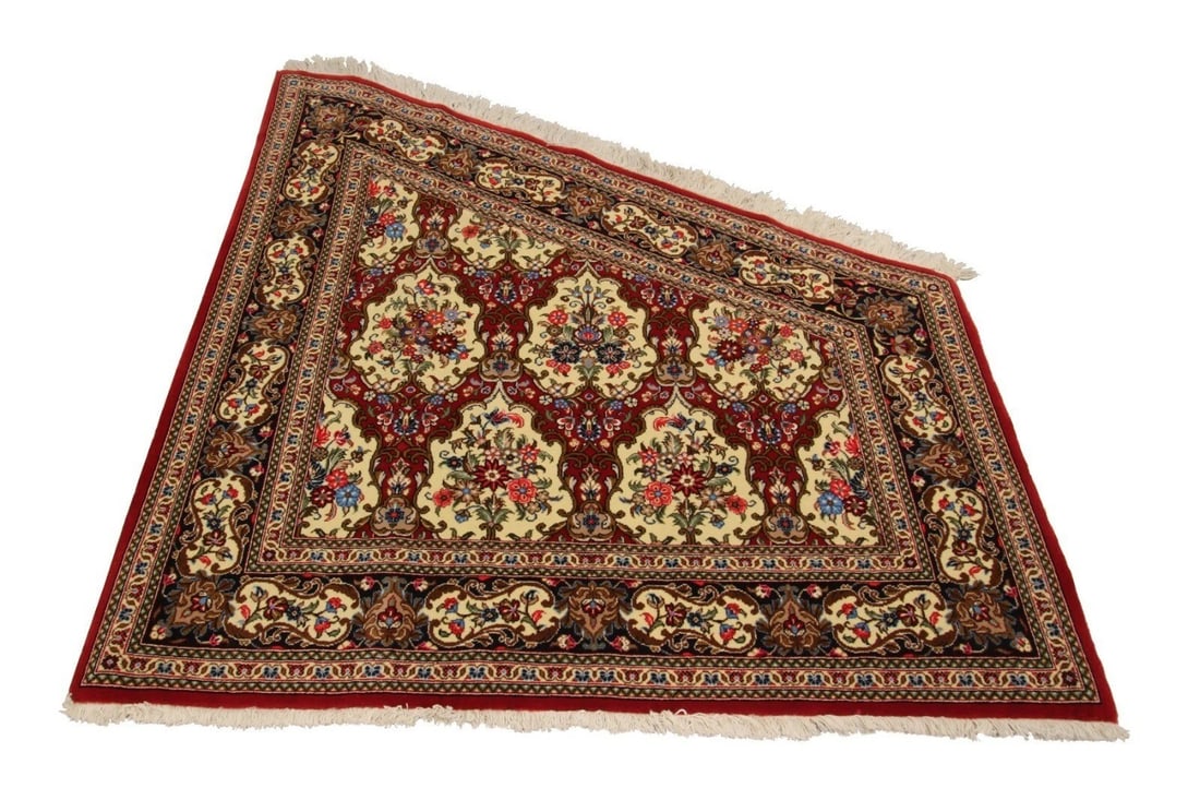 Hand Knotted Turkish Floral Trapezoid Wool Area Rug 4x4 Ft: Hand Knotted Turkish Floral Trapezoid Wool Area Rug 4x4 Ft This vintage Persian Ghom rug from circa 1950 features a distinctive trapezoid shape and is meticulously hand-knotted from premium kork wool.