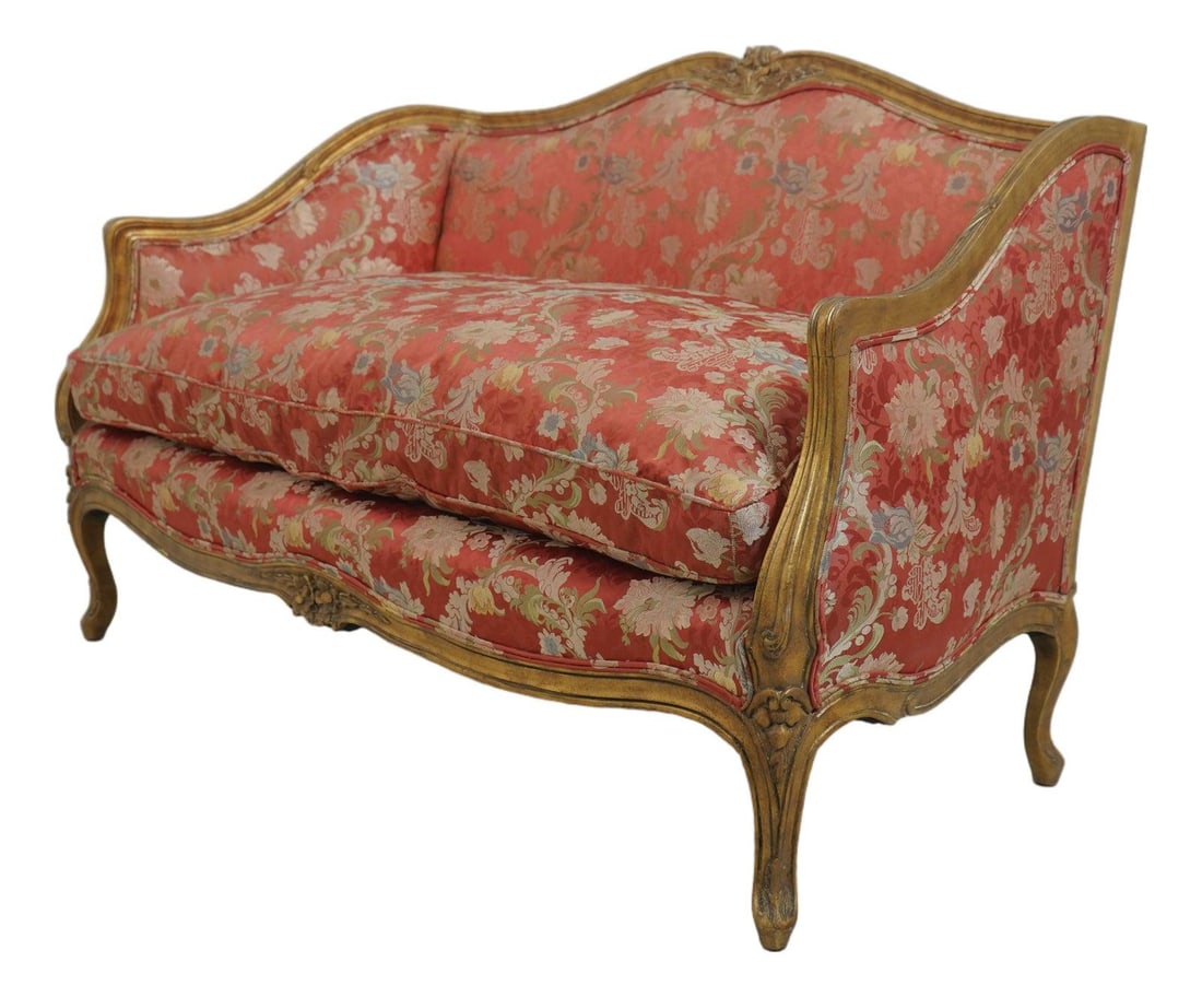 French Style Giltwood Settee with Floral Damask Upholstery by Meyer Gunther: French Style Giltwood Settee with Floral Damask Upholstery by Meyer Gunther This Louis XVI style settee loveseat features a finely carved giltwood frame with intricate floral and crest detailing. The 