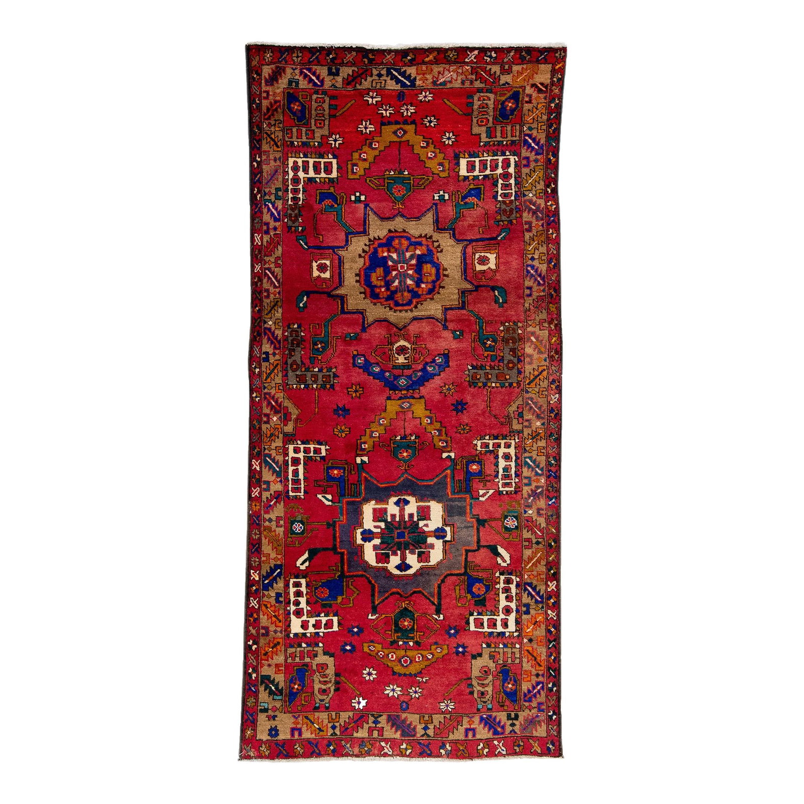 Vintage Persian Heriz Red Wool Runner 3'7 x 7'10 Handmade Medallion Design: Vintage Persian Heriz Red Wool Runner 3'7 x 7'10 Handmade Medallion Design Enhance your space with this stunning vintage Persian Heriz hand-knotted wool runner. Showcasing a vibrant red color field, t