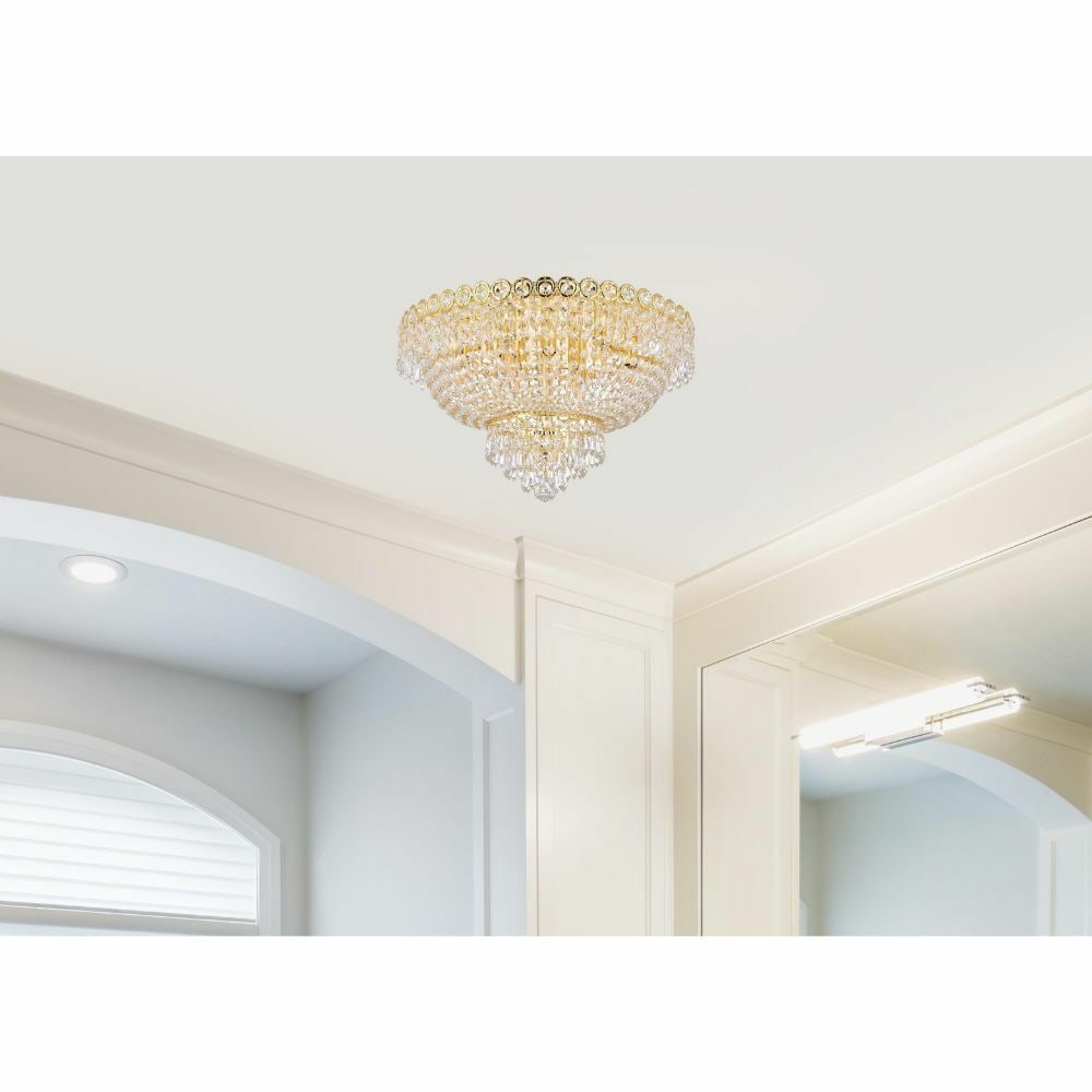 Lighting Century 20in Gold Crystal 9 Light Flush Mount: Lighting Century 20in Gold Crystal 9 Light Flush Mount Modern 9-light flush mount chandelier with a gold finish, featuring clear Royal Cut crystal and glass with a metal and steel frame. Designed for 