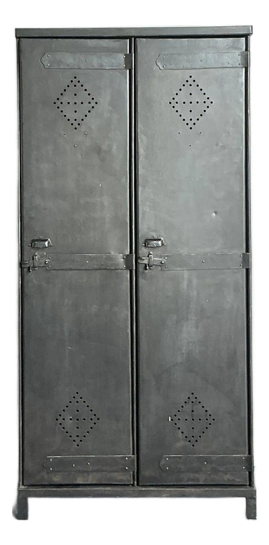 Perforated Metal Storage Cabinet With Diamond Pattern Vintage Boho Style: Perforated Metal Storage Cabinet With Diamond Pattern Vintage Boho Style This vintage boho armoire is crafted from sturdy metal and features diamond-patterned perforated doors for both ventilation and