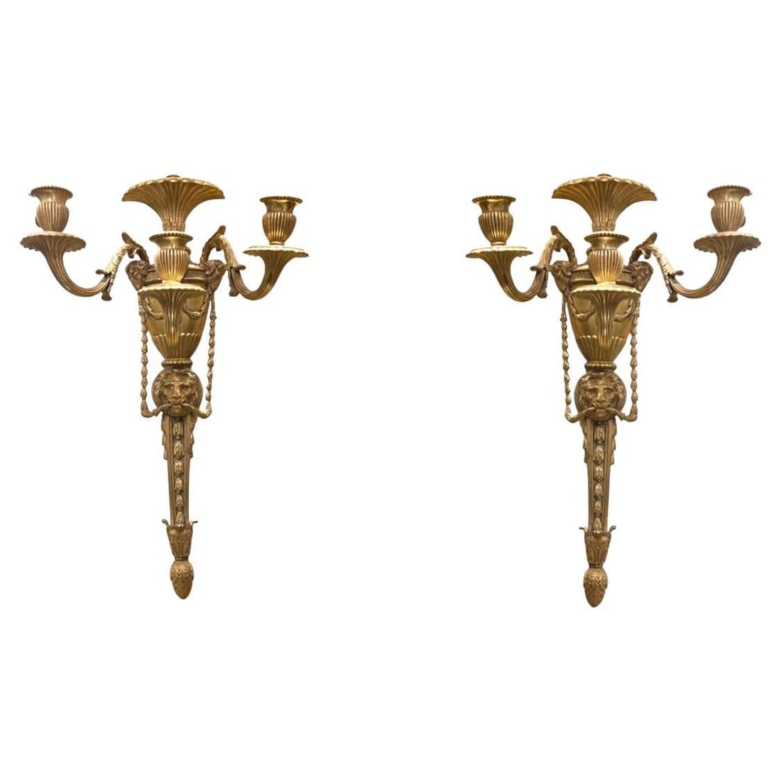 Set of Two French Gilt Bronze Wall Sconces Georgian Revival c1880: Set of Two French Gilt Bronze Wall Sconces Georgian Revival c1880 This pair of late 19th century French wall sconces is crafted in gilt bronze and designed in the English Georgian style. Featuring neo