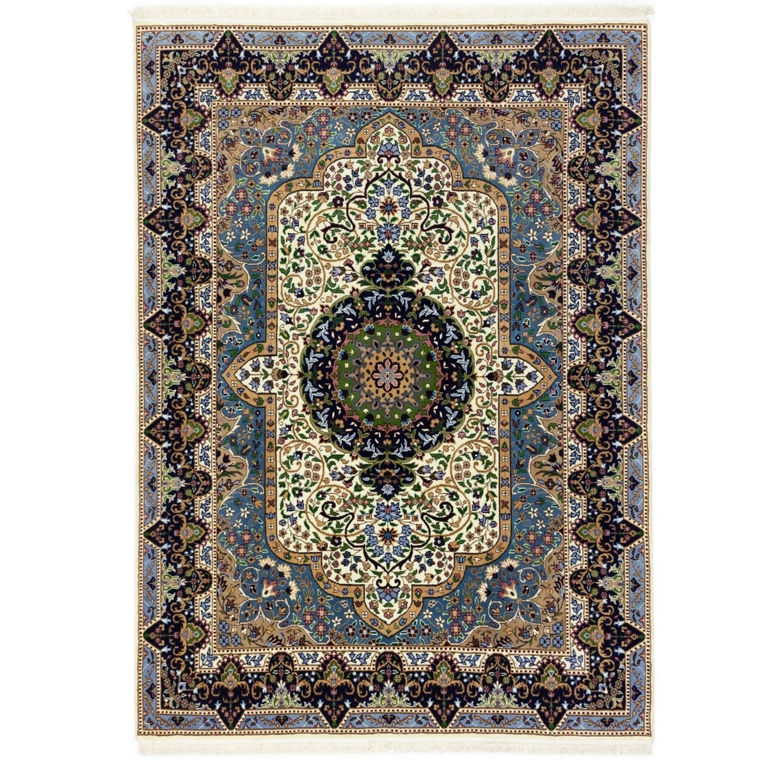 Vintage Kirman Wool Area Rug 5'8 x 7'10 Floral Medallion Hand-Knotted Carpet: Vintage Kirman Wool Area Rug 5'8 x 7'10 Floral Medallion Hand-Knotted Carpet This hand-knotted Kirman rug features a classic floral medallion design, crafted from wool. The rug displays a rich palette