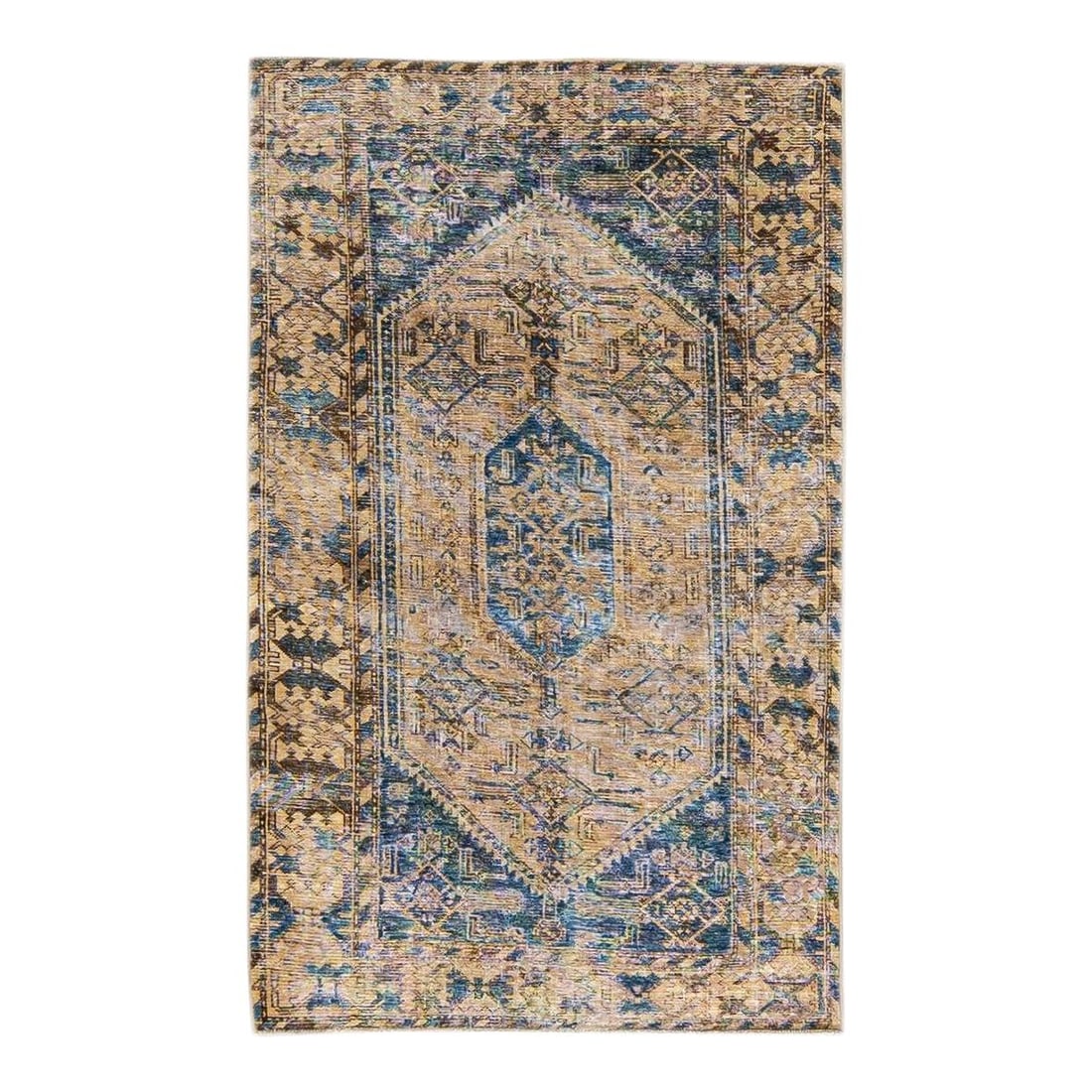 1960s Handmade Persian Wool Rug Tan Geometric Medallion Design: 1960s Handmade Persian Wool Rug Tan Geometric Medallion Design This exquisite vintage Persian rug features a distressed hand-knotted design in a warm tan color field, accented with rich brown and navy