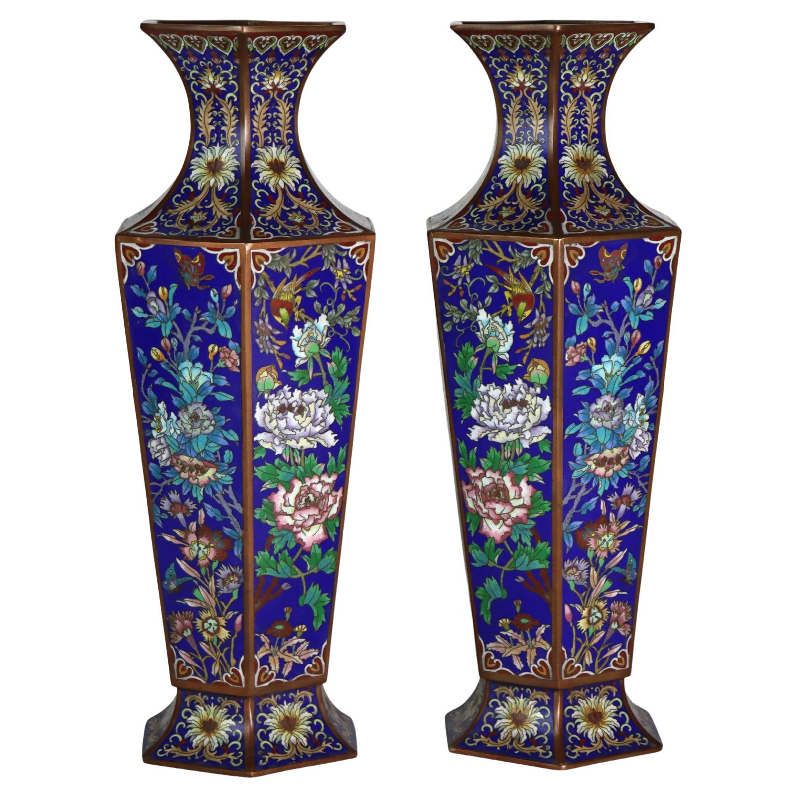 Set of Two Antique Chinese Cloisonne Bronze Floral Vases Circa 1920 (1 of 5)